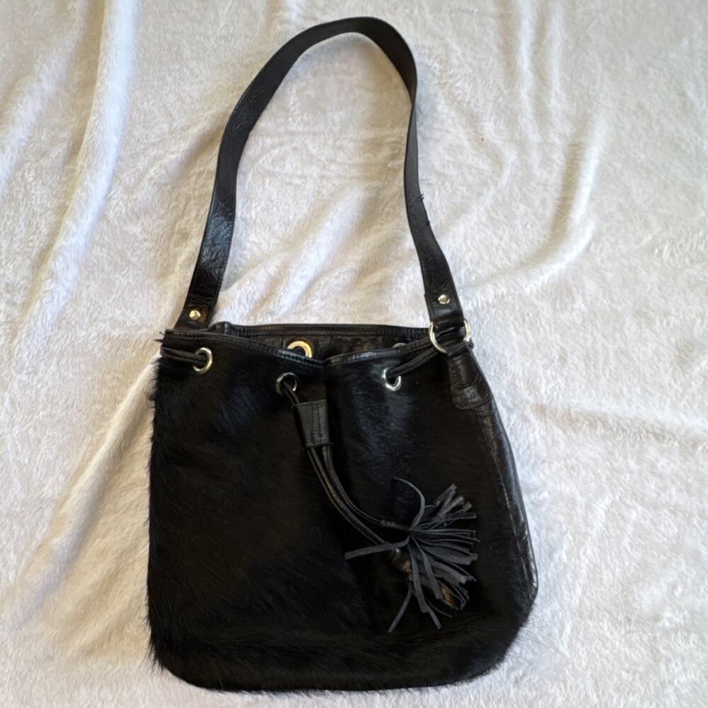 Glenda Gies Black Shoulder Bag Tassel Drawstring Hair Fur
